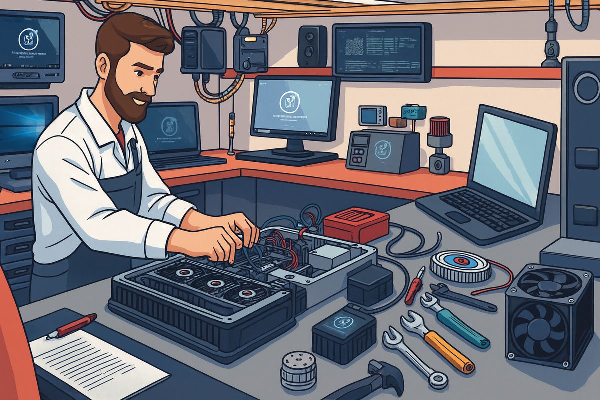 Técnico da UTI do PC fazendo manutenção de computador